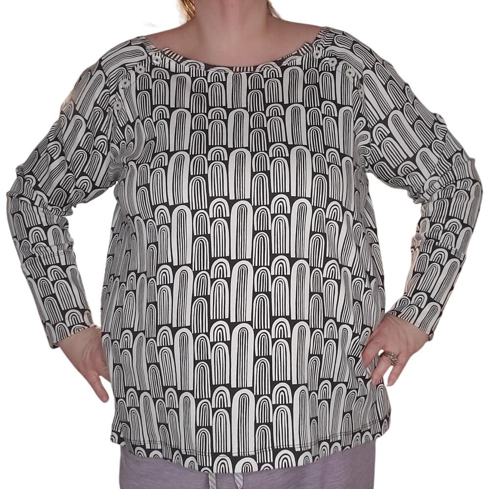 Kate Quinn Rainbow Arch Print Boat Neck Top Black White Retro Geo Cotton Size 1X